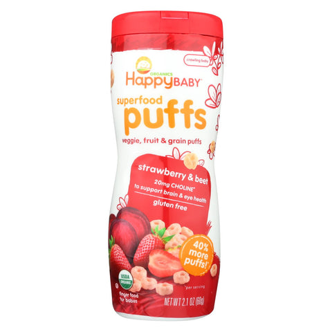 Happy Bites Organic Puffs Finger Food for Babies - Strawberry Puffs - Case of 6 - 2.1 oz